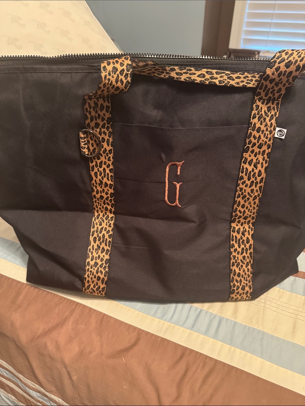 Black Tote Bag with Leopard-Print Handles and Monogram G